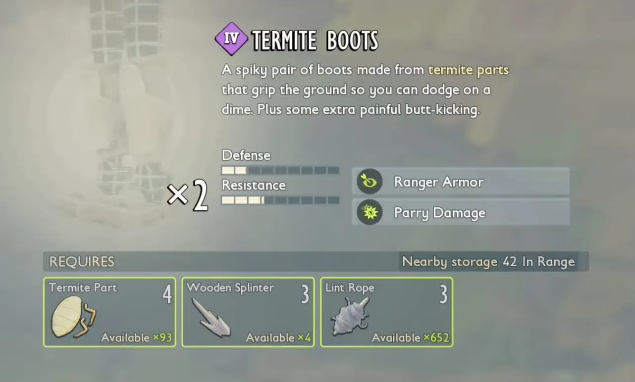 Tier IV Termite Boots crafting recipe using four Termite Parts three Wooden Splinters and three Lint Rope