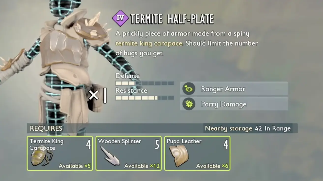 Tier IV Termite Half-Plate crafting recipe requiring four Termite King Carapaces five Wooden Splinters and four Pupa Leather