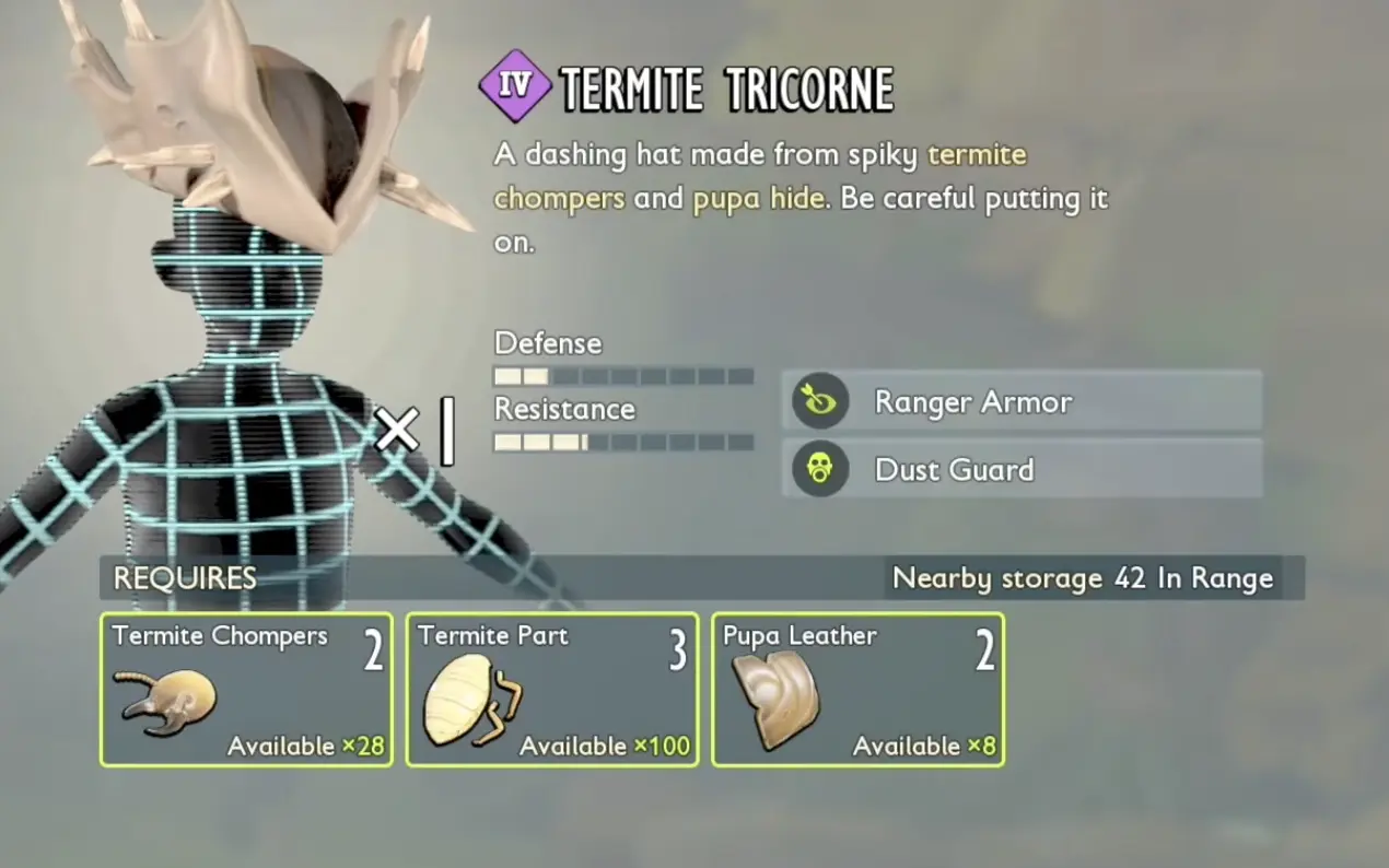 Tier IV Termite Tricorne crafting recipe with two Termite Chompers three Termite Parts and two Pupa Leather