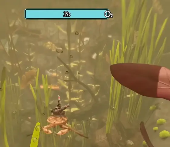 Toe Biter Buggy swimming underwater through Skunk Pond in Grounded 2