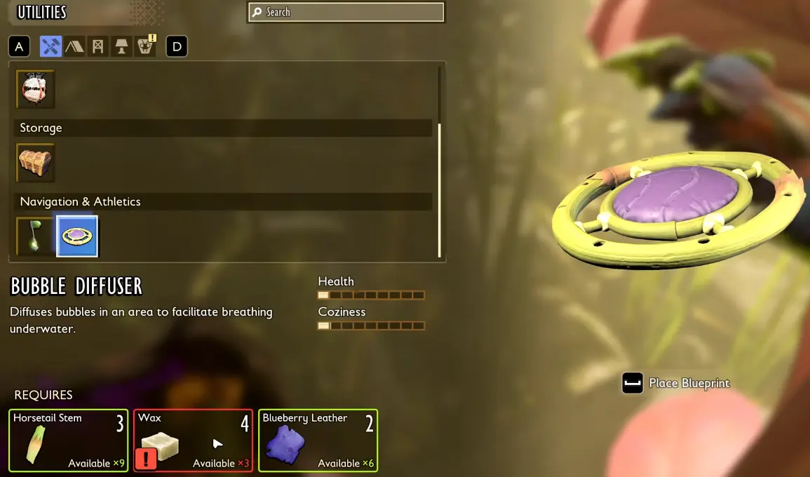 Bubble Diffuser recipe opened from the underwater building menu in Grounded 2