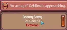 Incoming raid showing 24 Goblins and Extreme Threat in Hearth and Hamlet