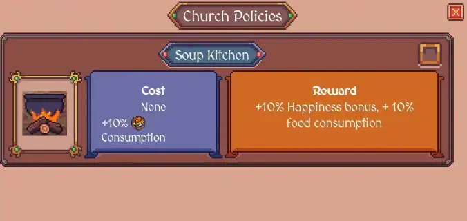 Soup Kitchen policy showing Happiness and Food consumption effects in Hearth and Hamlet