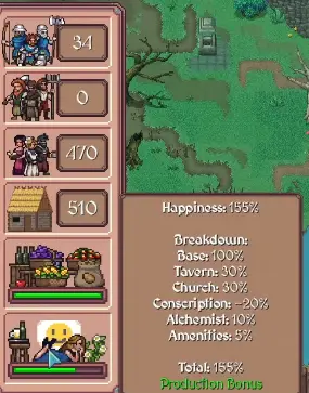Taxation showing Gold income and Happiness penalty in Hearth and Hamlet