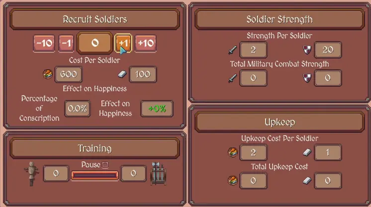 Town Guard recruitment screen in Hearth and Hamlet showing soldier costs