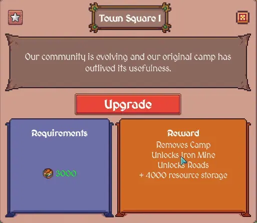 Town Square rewards in Hearth and Hamlet showing Iron Mine Roads and additional storage