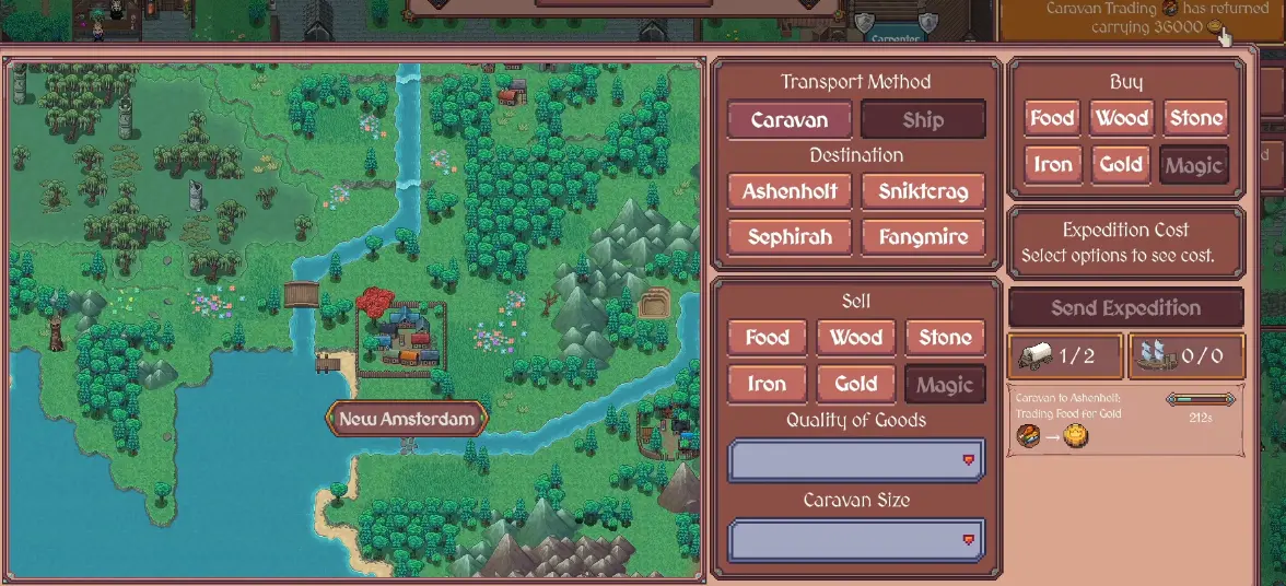 Hearth and Hamlet trade return showing two Caravan slots and 36000 Gold