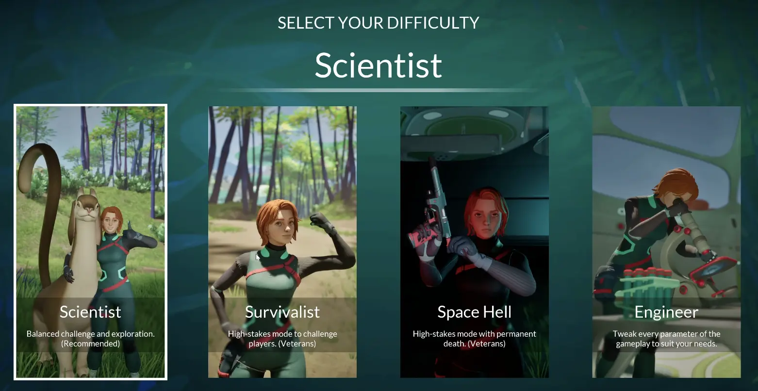 Honeycomb difficulty menu showing Scientist Survivalist Space Hell and Engineer modes