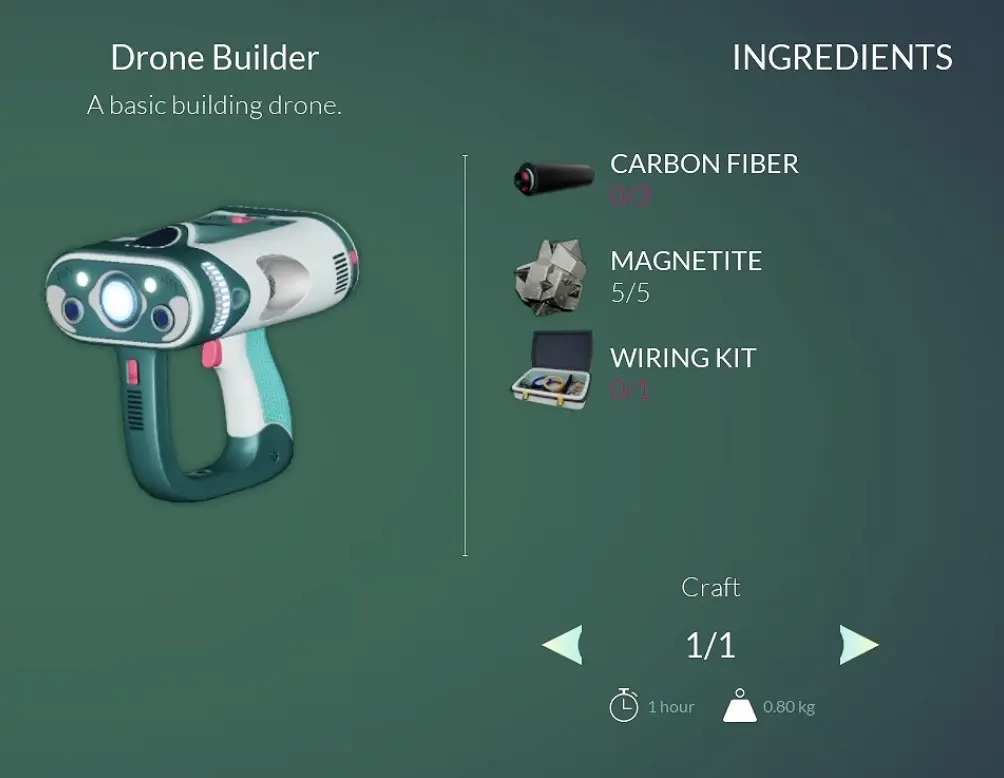 Honeycomb Drone Builder recipe showing Carbon Fiber Magnetite and Wiring Kit requirements