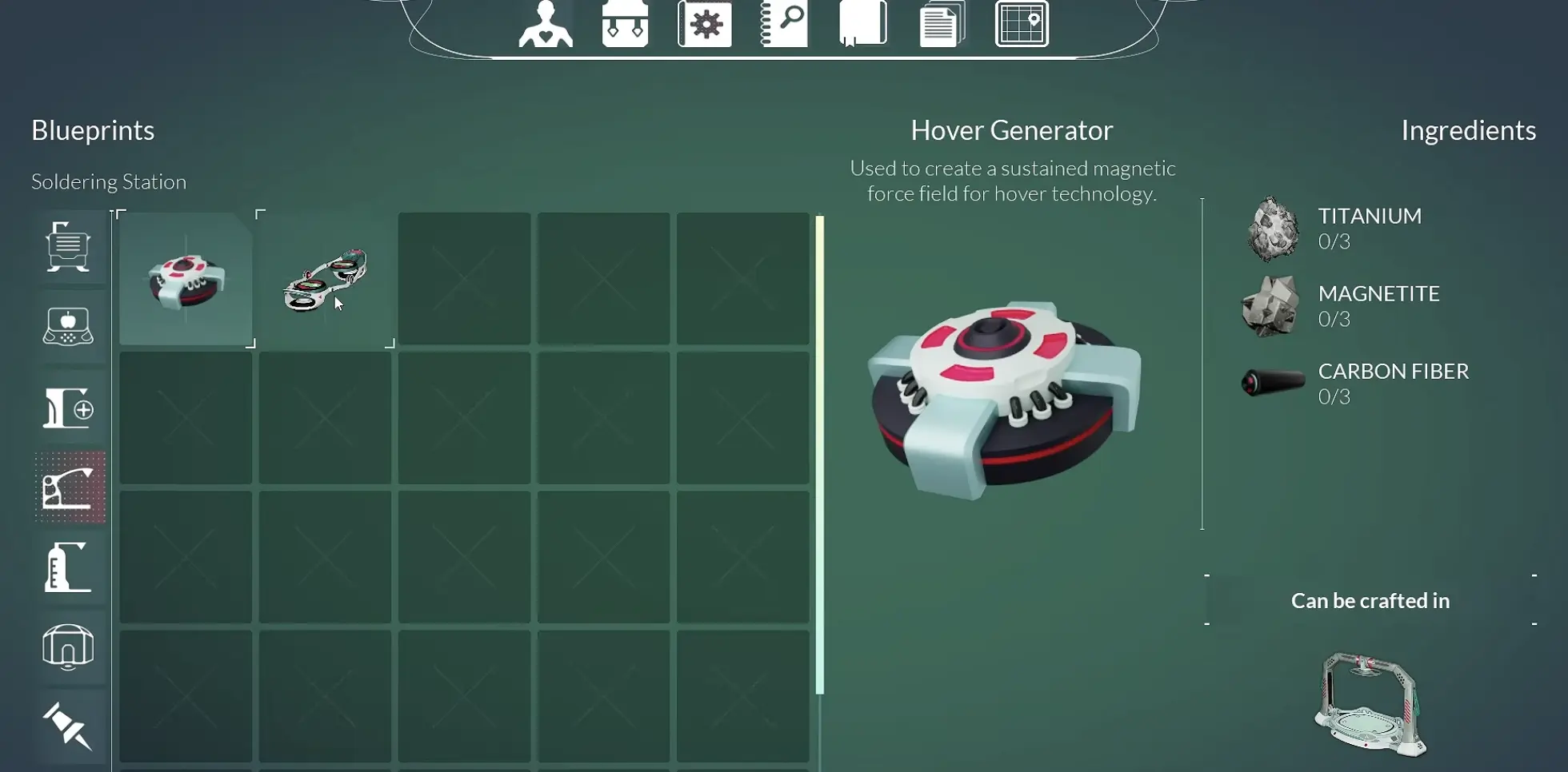 Honeycomb Hover Generator recipe requiring 3 Titanium 3 Magnetite and 3 Carbon Fiber