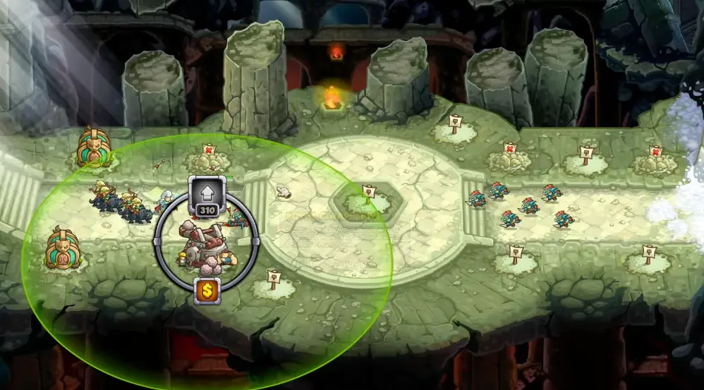 Pillars and tower positions in Path of Peril in Kingdom Rush 6 Genesis
