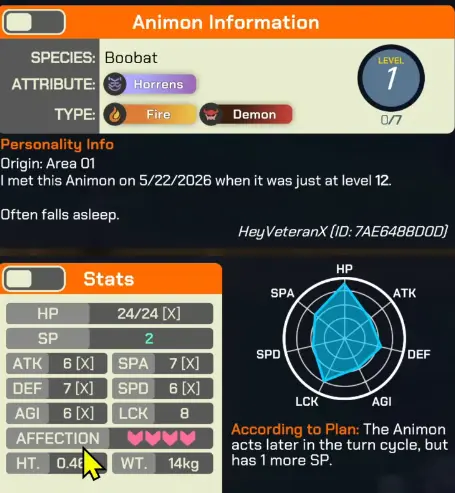 Affection increasing Animon stats in LumenTale