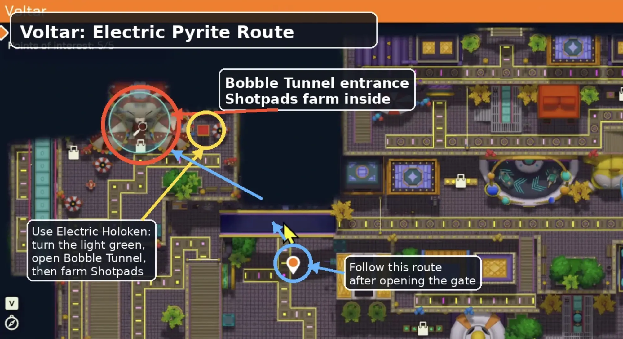 Voltar Electric Pyrite farming route from Shotpads in LumenTale