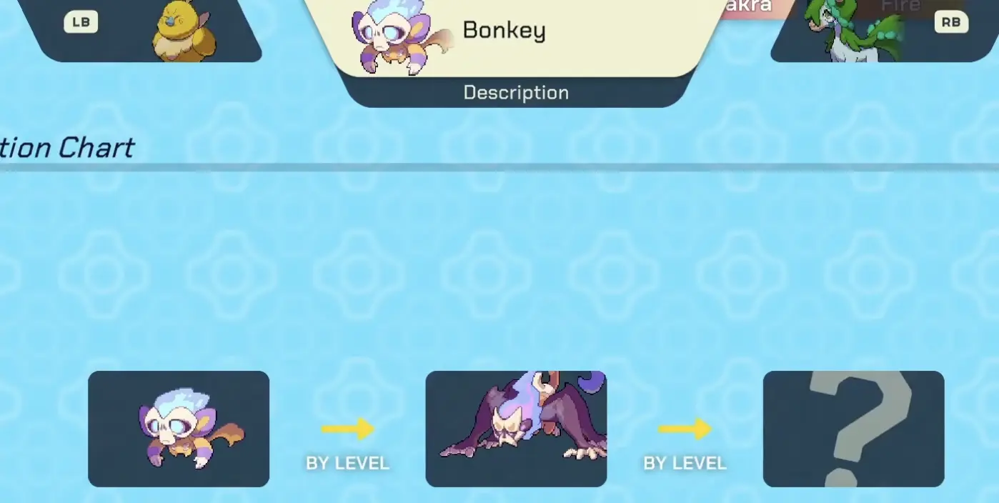 Level+ evolution clue shown for an Animon in LumenTale
