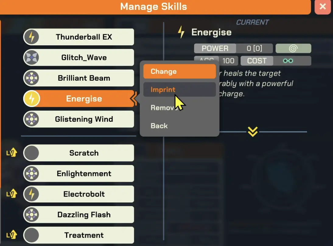 Mimma Stone imprint option in the manage skills menu in LumenTale