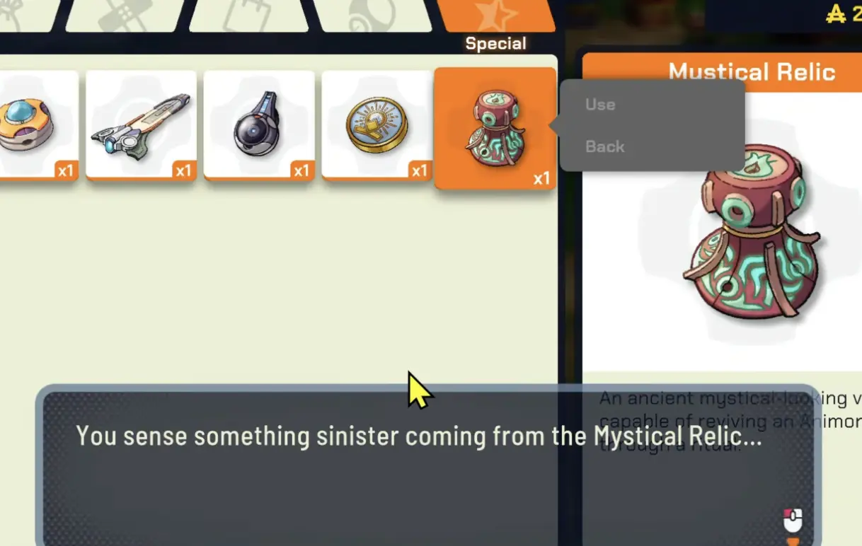 Selecting the target Animon for Mystical Relic in LumenTale