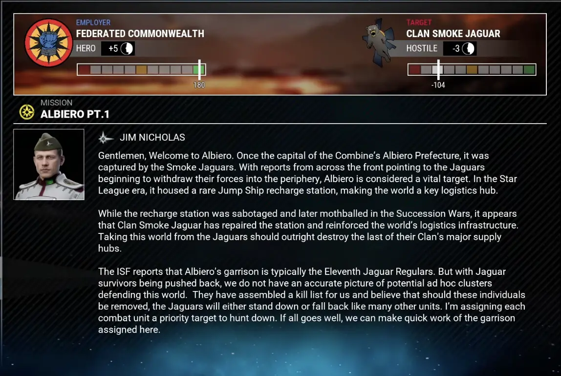 Albiero Pt.1 mission briefing explaining the priority Smoke Jaguar commander targets