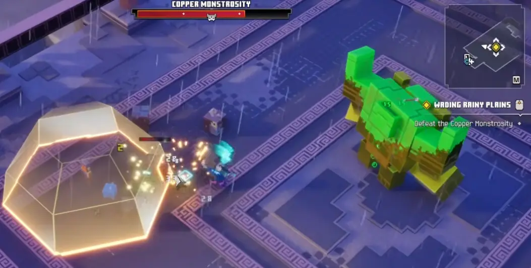 Copper Monstrosity boss at the Supreme Tower in Minecraft Dungeons II