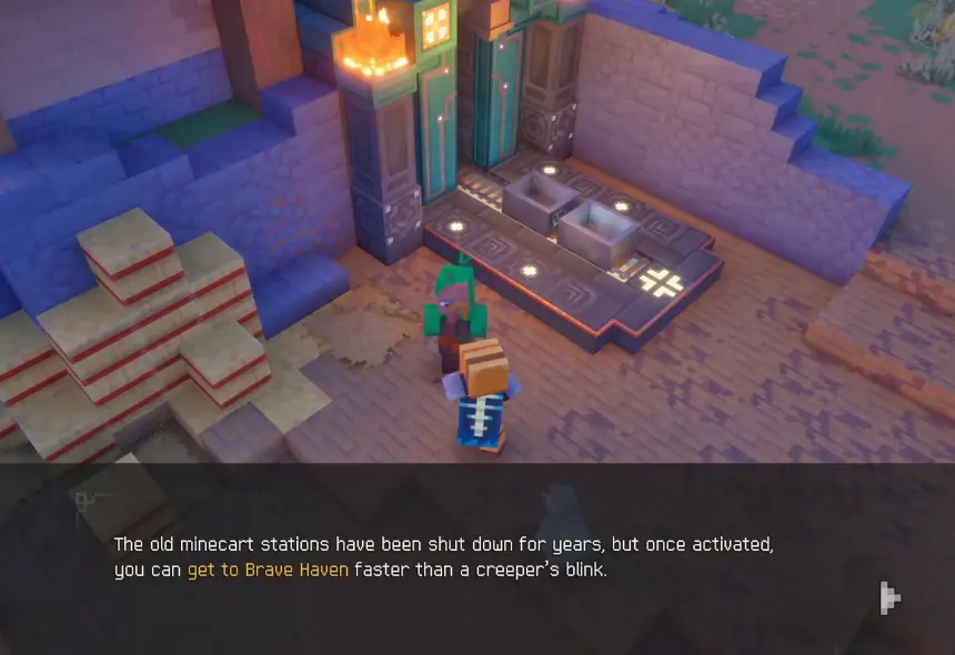 First Minecart Station activated after rescuing the Lost Merchant in Minecraft Dungeons II