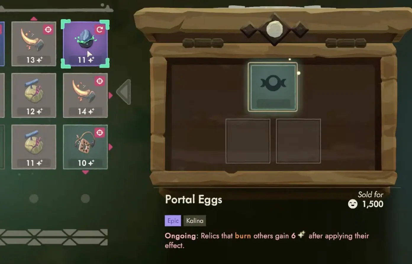 Moonlighter 2 backpack using Armor to protect a relic from a Burn interaction