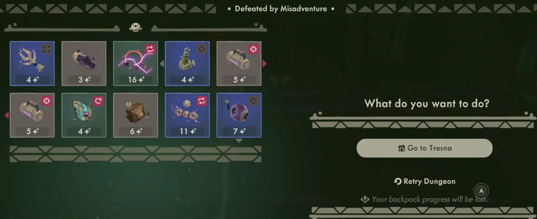Moonlighter 2 Normal-mode defeat screen showing Go to Tresna and Retry Dungeon
