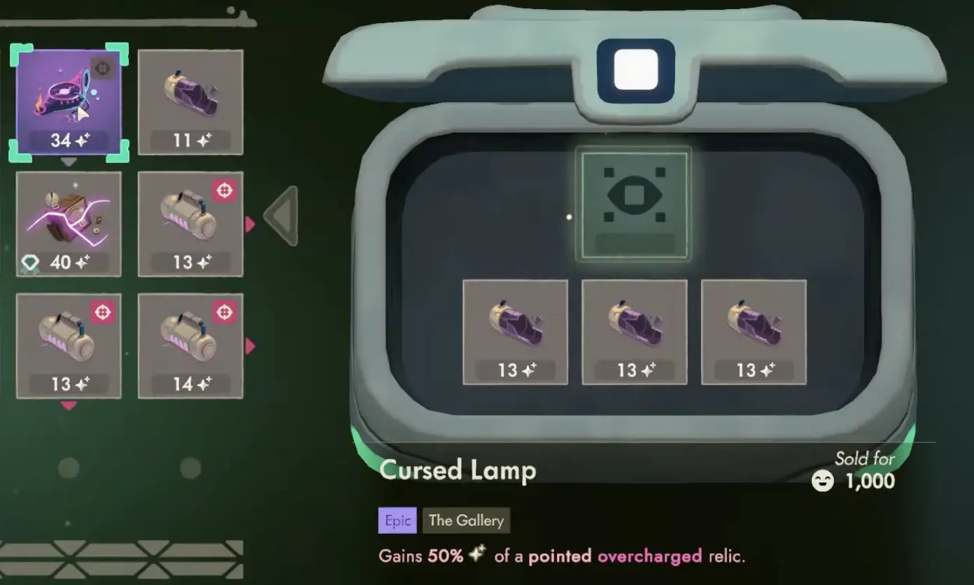 Moonlighter 2 Gallery backpack after a Shock and Overcharge sequence grants 20 Quality
