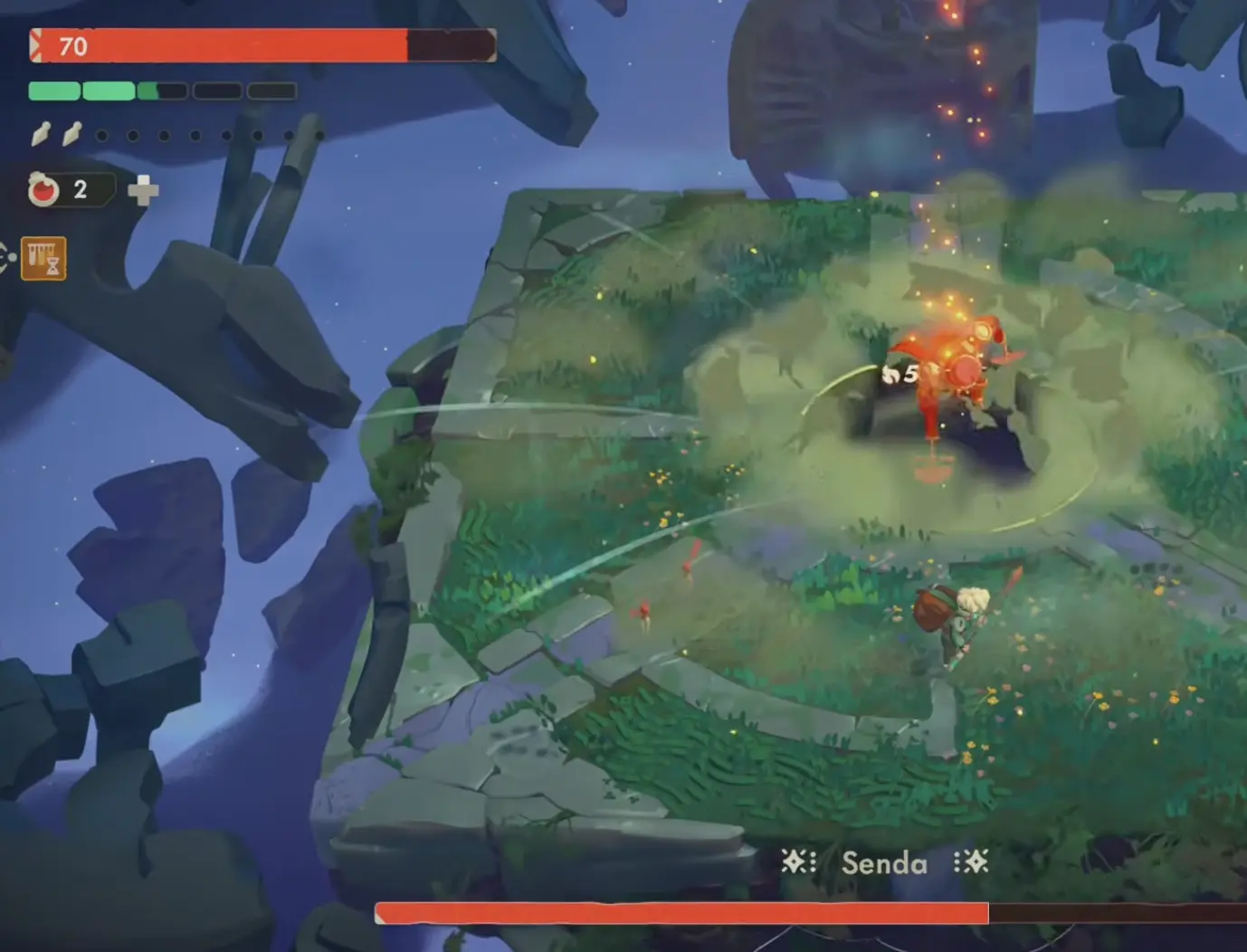 Moonlighter 2 Senda in the center of the arena during the dangerous mid-fight sequence