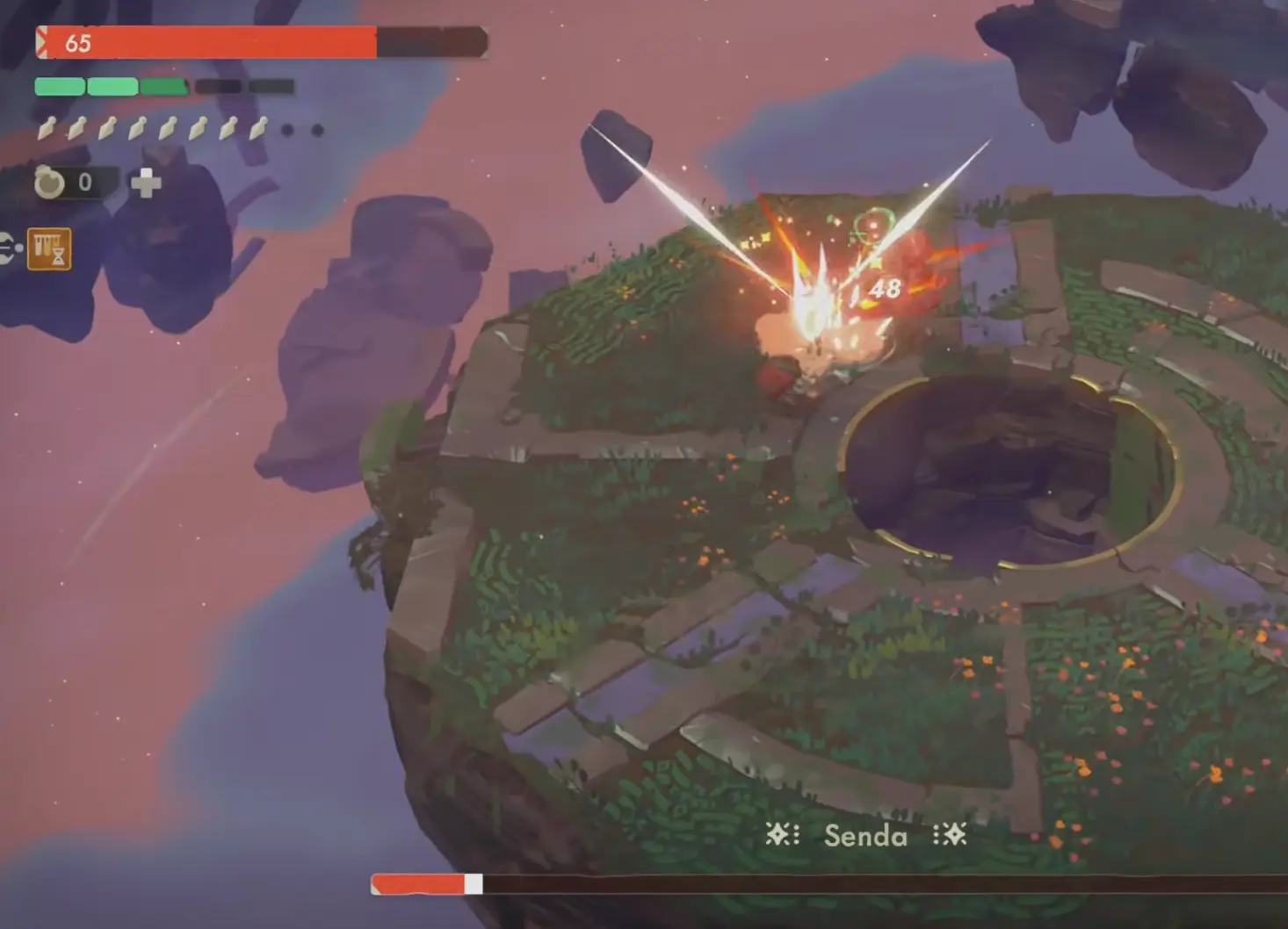 Moonlighter 2 Senda boss fight late in the encounter with zero potions remaining