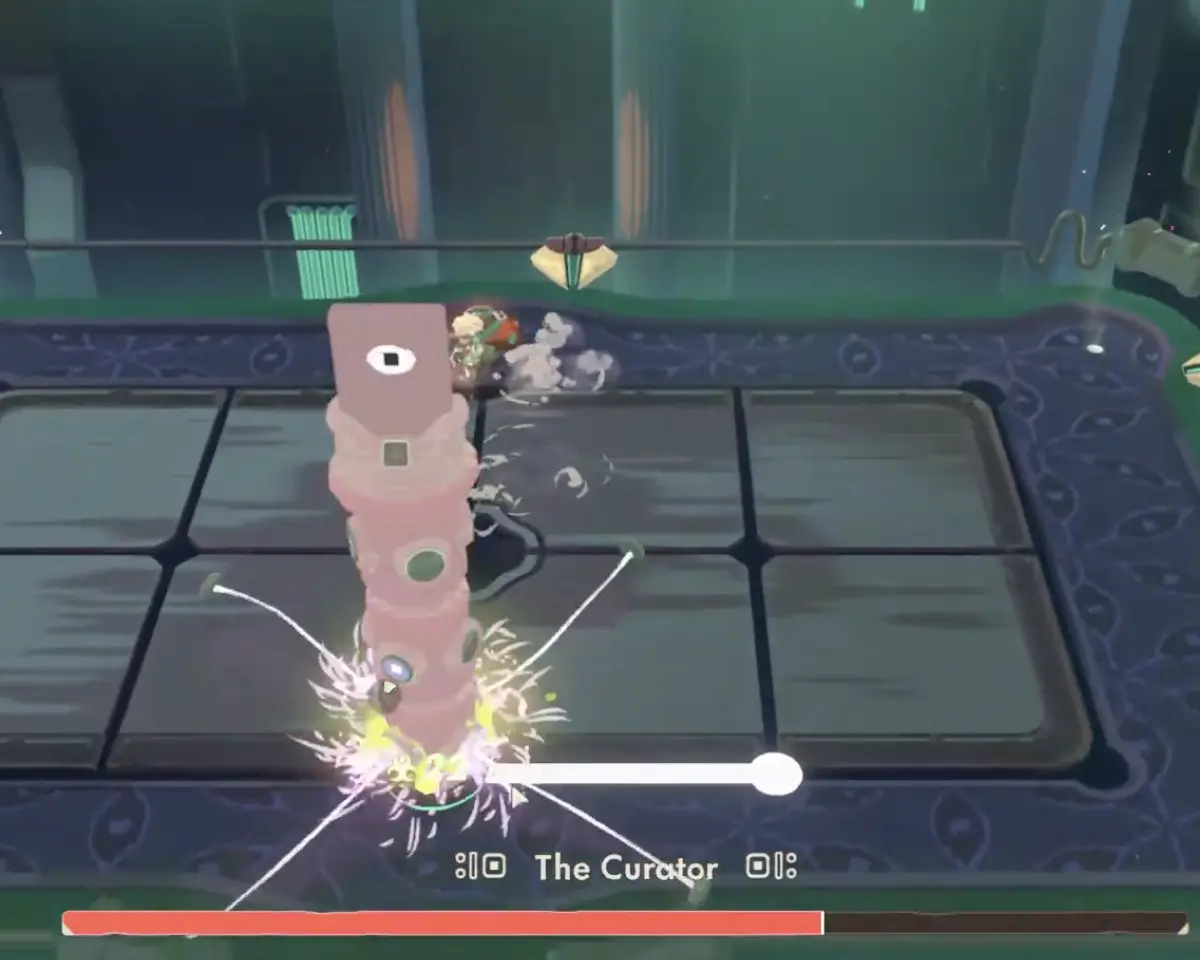 Moonlighter 2 Ultimate Challenge Curator fight with the shield active