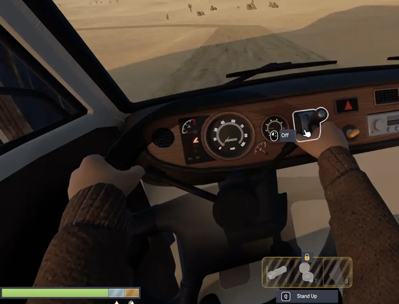 Starter van handbrake control mounted on the dashboard beside the gauges in Nomad Drive