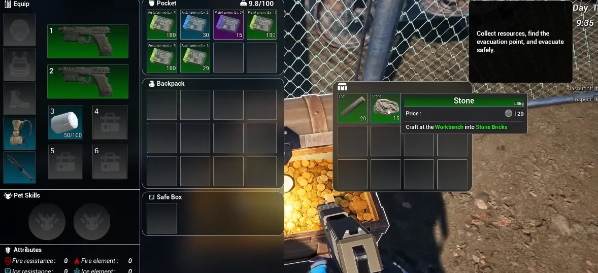 Nuclear Epoch first extraction inventory with Safe Box, backpack, item weight, and item value