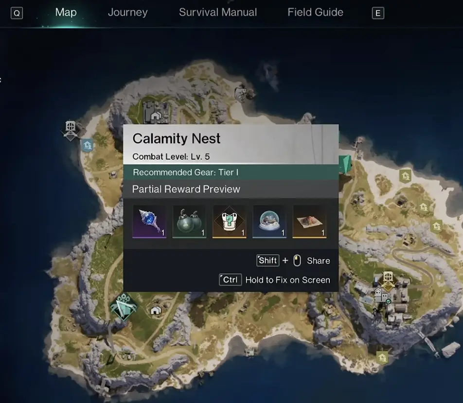 Isles of Abyss map showing a Calamity Nest encounter and its combat level
