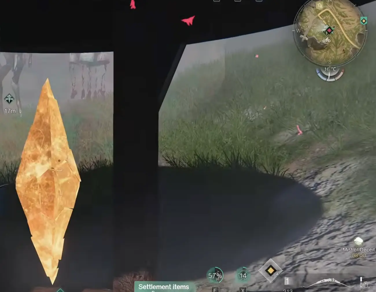 Yellow Calamity Core beneath a raised platform in an Isles of Abyss Calamity Nest