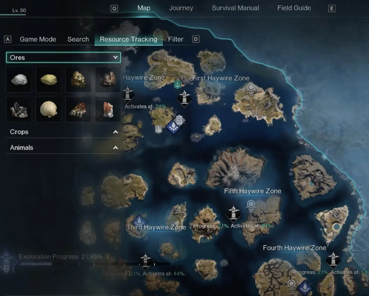 Isles of Abyss map showing Resource Tracking with Ores, Crops, and Animals categories