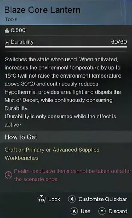 Blaze Core Lantern item information used to counter the Mist of Deceit in Reefshadow Bay