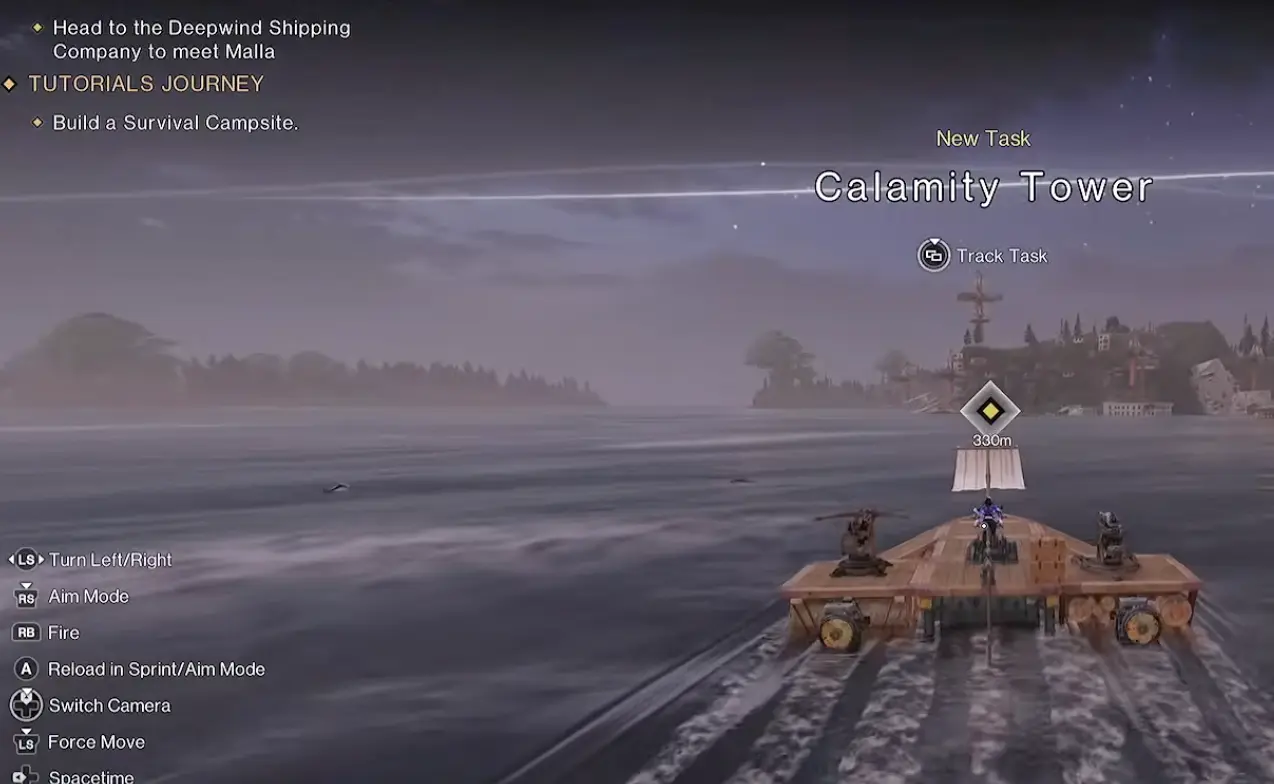 Main quest directing the player to Deepwind Shipping Company to meet Malla, with the destination marked ahead