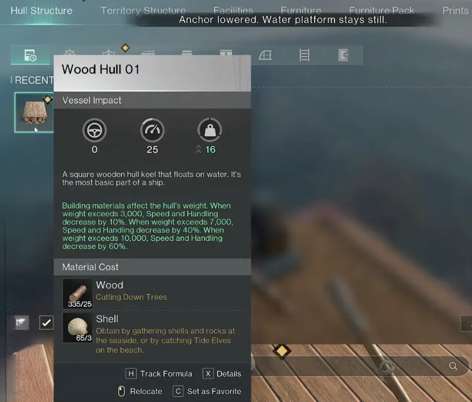 Wood Hull 01 construction screen showing weight limits of 3000, 7000 and 10000 with speed and handling penalties