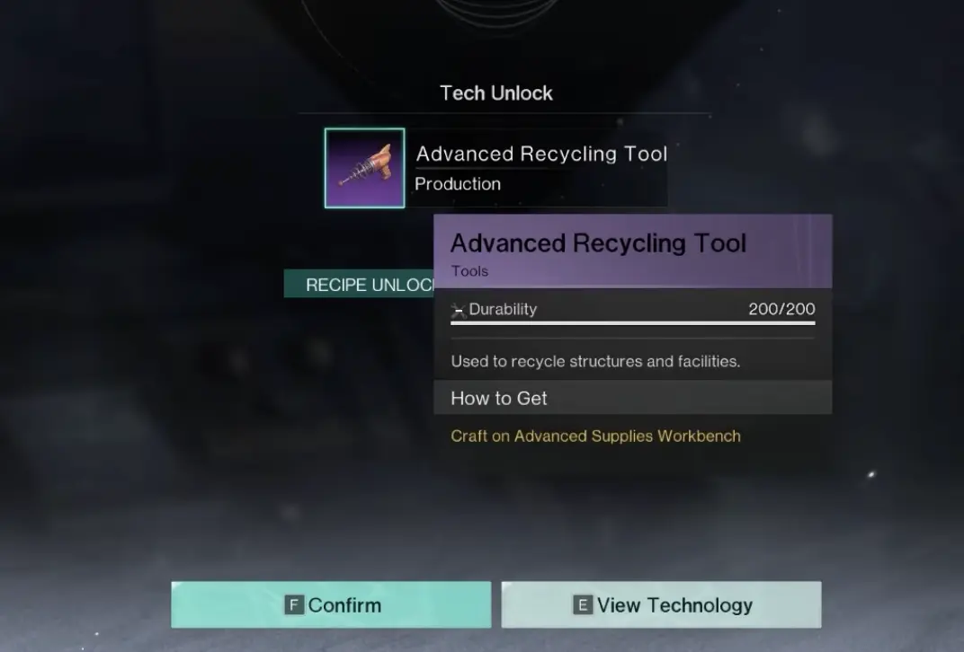 Advanced Recycling Tool recipe unlocked with 200 durability and Advanced Supplies Workbench crafting requirement