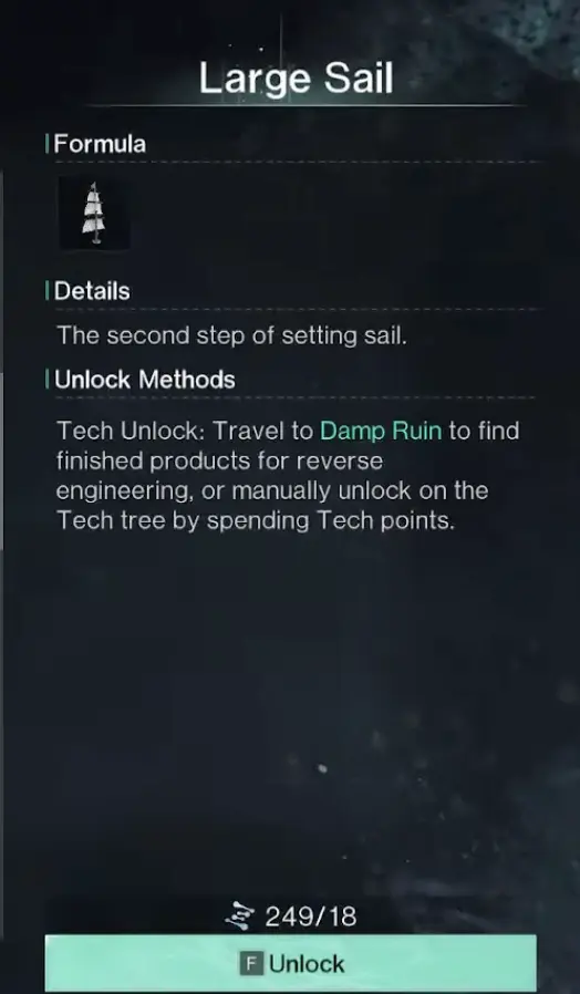 Large Sail technology showing its 18 Tech Point cost and Damp Ruin reverse-engineering unlock method
