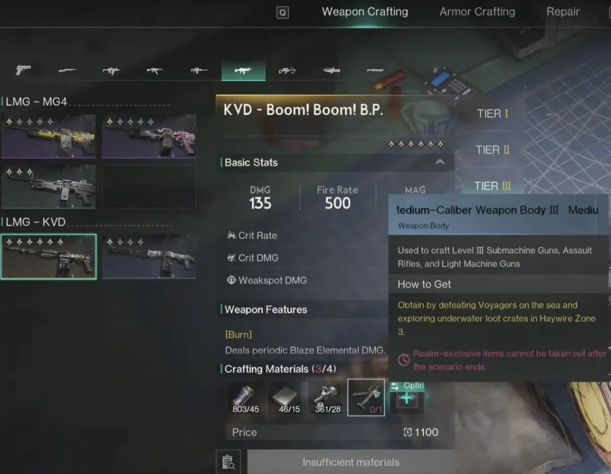 Tier III weapon crafting screen showing Medium-Caliber Weapon Body III missing at 0 of 1 and its acquisition locations