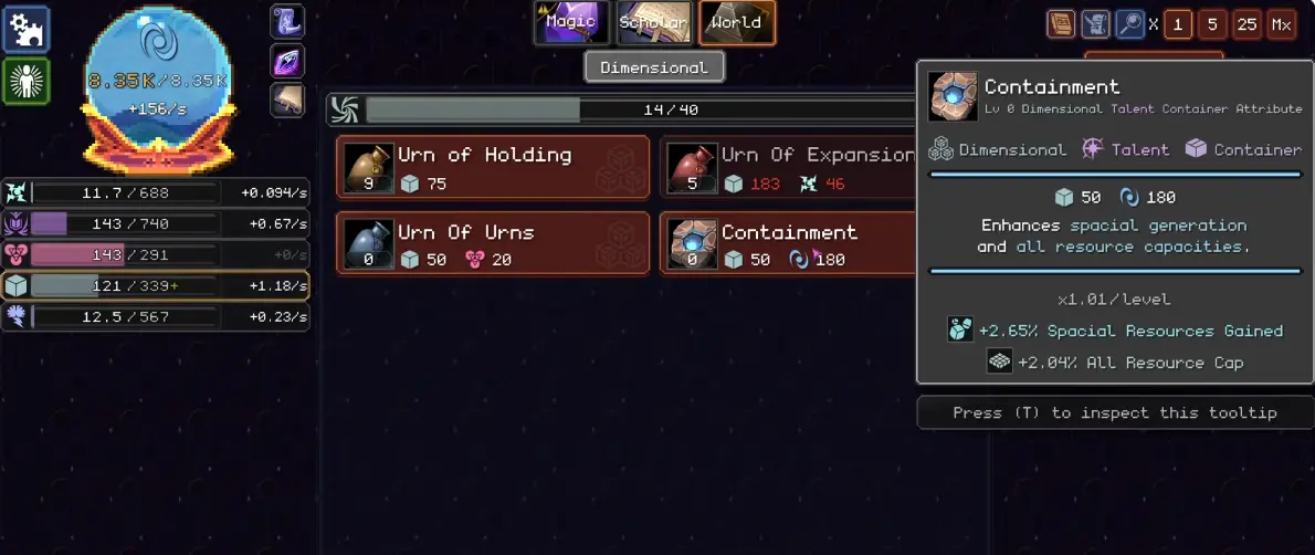 Orb of Creation Containment tooltip showing Spatial Resources Gained and All Resource Cap