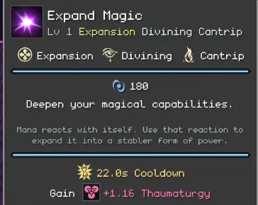 Orb of Creation Expand Magic tooltip showing mana cost, cooldown, Thaumaturgy, and spell tags