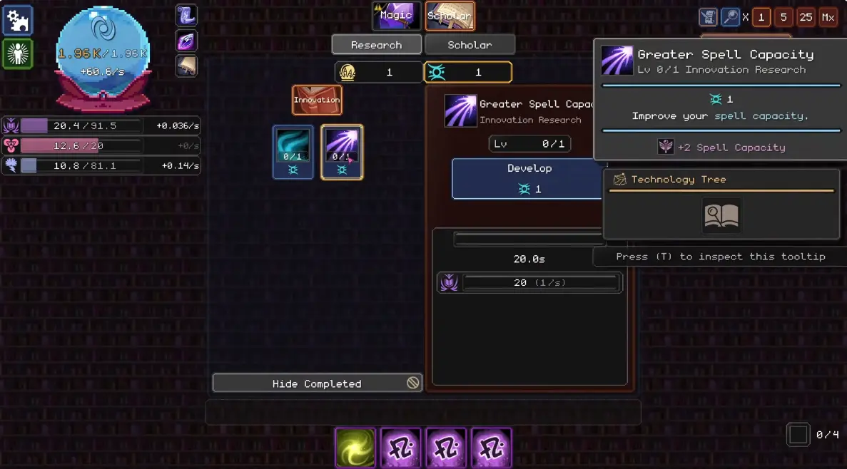 Orb of Creation Greater Spell Capacity research showing plus two spell capacity
