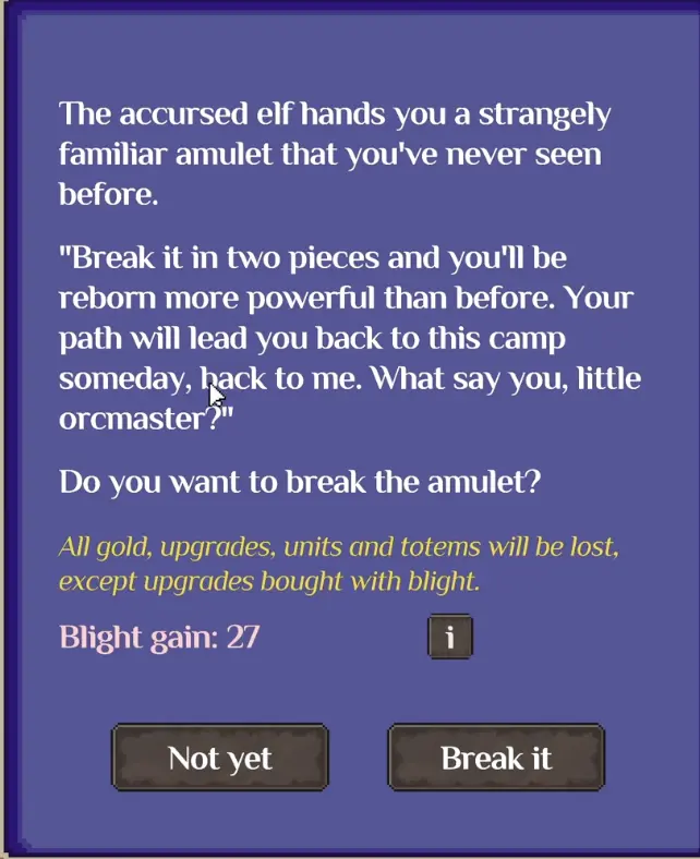 First Dark Rebirth confirmation screen showing a 27 Blight gain in Orc Incremental