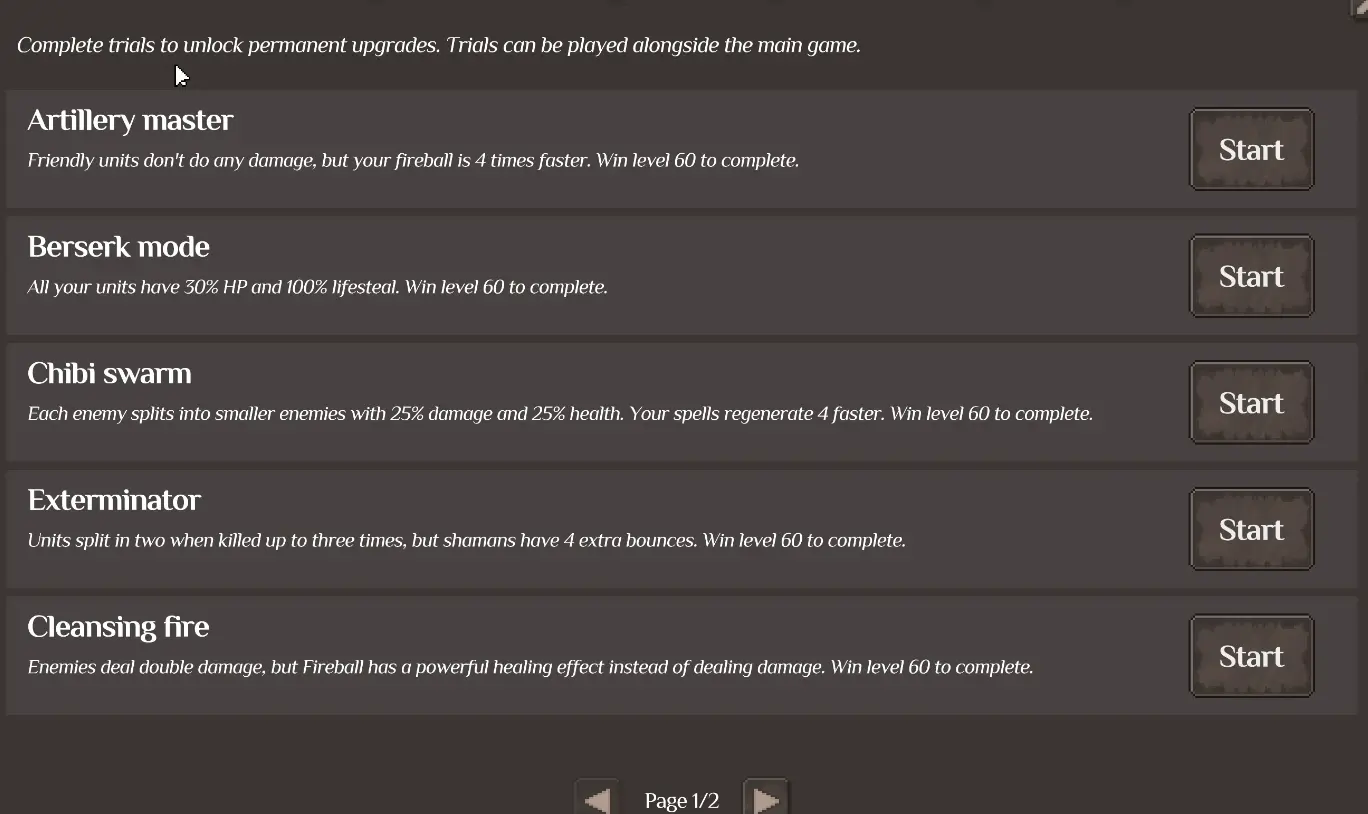 Trials menu used for First Trial and Master of Trials progression in Orc Incremental