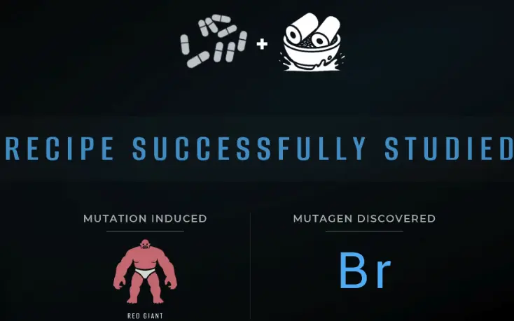 Miami Zero experiment showing pills combined with a mixing preparation, Red Giant mutation, and Br mutagen discovered