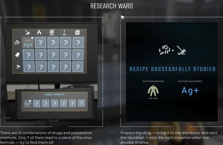 Miami Zero Research Ward tutorial showing the 3 by 5 experiment matrix, seven virus formula positions, and the first Ag+ discovery