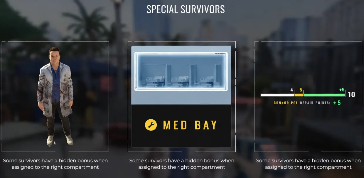 Special Survivors tutorial showing Connor Pol assigned to Med Bay with a plus five repair point contribution