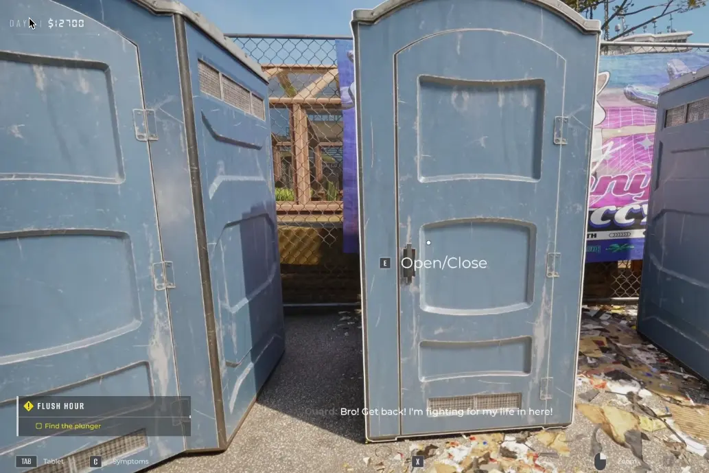 Portable toilet stalls at the Miami checkpoint during the Flush Hour objective to find a plunger