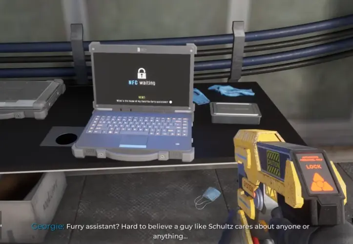 Schultz's laptop in the Research Ward displaying NFC waiting and a locked access screen
